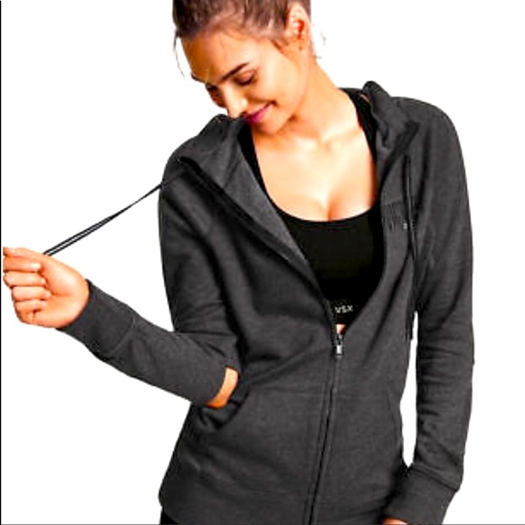 💕EUC💕Victoria’s Secret SPORT Elbow Slit Hoodie DARK GRAY COLOR - Picture 2 of 6